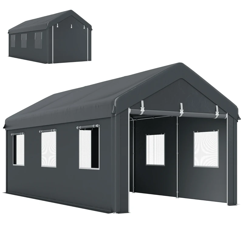 Outsunny 10' x 20' Carport, Heavy Duty Portable Garage with 6 Mesh Windows and 2 Doors, Dark Grey