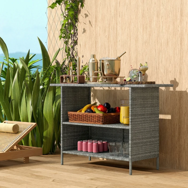 Outsunny Wicker Outdoor Bar Table, PE Rattan Bar Height Patio Table with 2 Shelves, Steel Frame for Garden, Backyard, Dark Grey