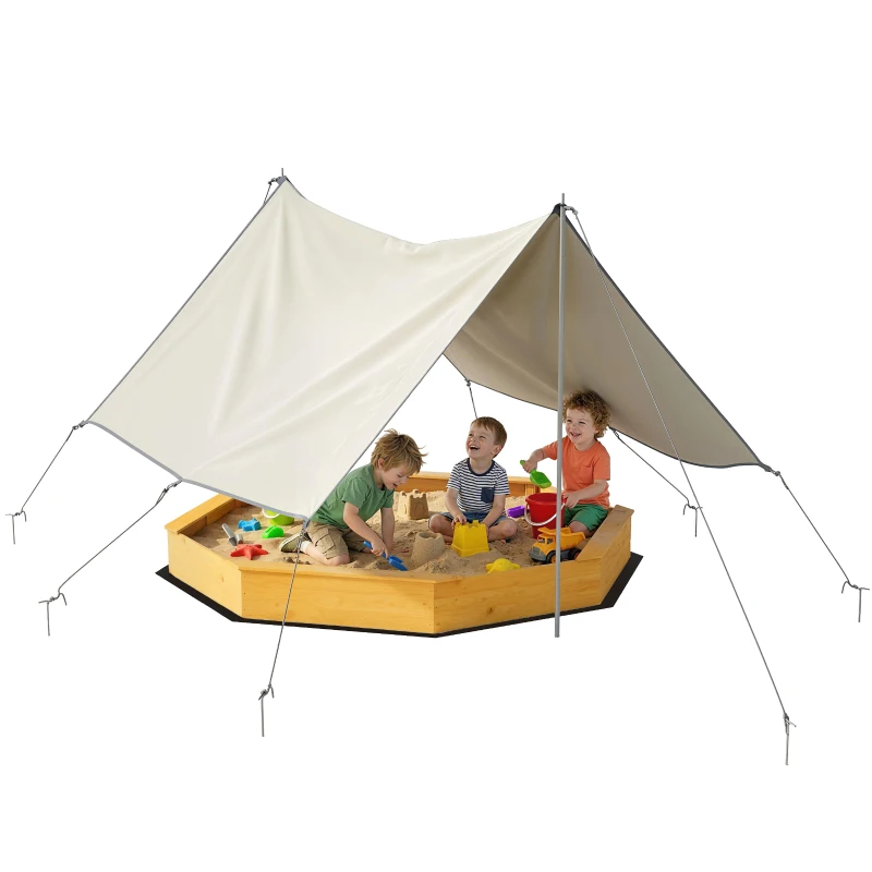 Qaba Wooden Kids Wooden Sandbox with Large Canopy, Outdoor Sand Box with 4 Bench Seats, Bottom Liner for Aged 3-8, Yellow