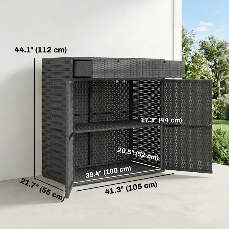 Outsunny Wicker Outdoor Storage Cabinet with 2 Doors and Drawers, 2-Tier Shelf Rattan Patio Storage Cabinet, Dark Grey