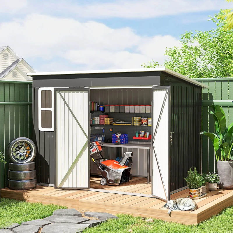 Outsunny 8.5' x 6' Galvanised Steel Outdoor Storage Shed, Garden Shed with Window, Lockable Wide Doors and Air Vents, Dark Grey
