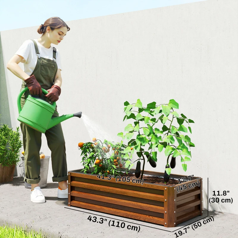 Outsunny Galvanized Raised Garden Beds, Outdoor Planter Box, Set of 2, for Flowers, Herbs and Vegetables, Brown Wood Effect