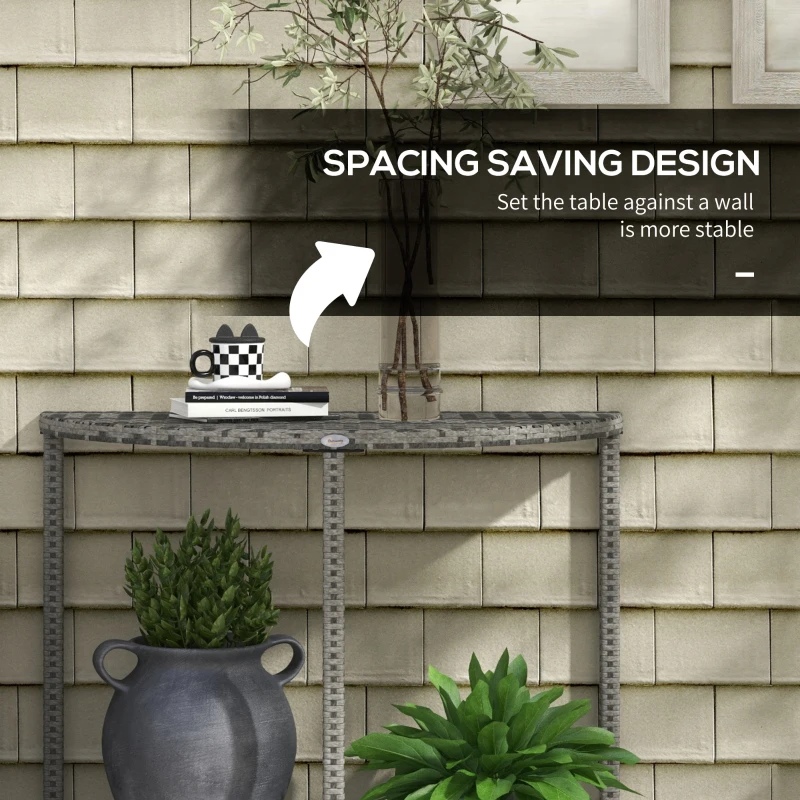 Outsunny Half Round Side Table, PE Rattan Coffee Table with Metal Frame for Patio, Garden, Balcony, Grey