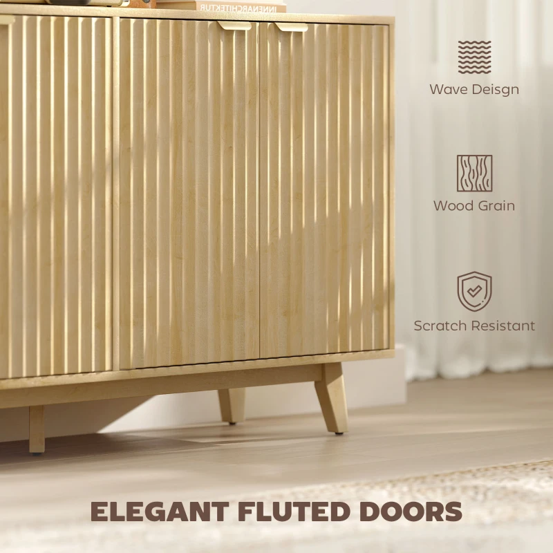 HOMCOM Fluted Sideboard Buffet Cabinet, 55" Coffee Bar Cabinet with 4 Doors, 2 Adjustable Shelves, 5 Wood Legs, Nature Wood