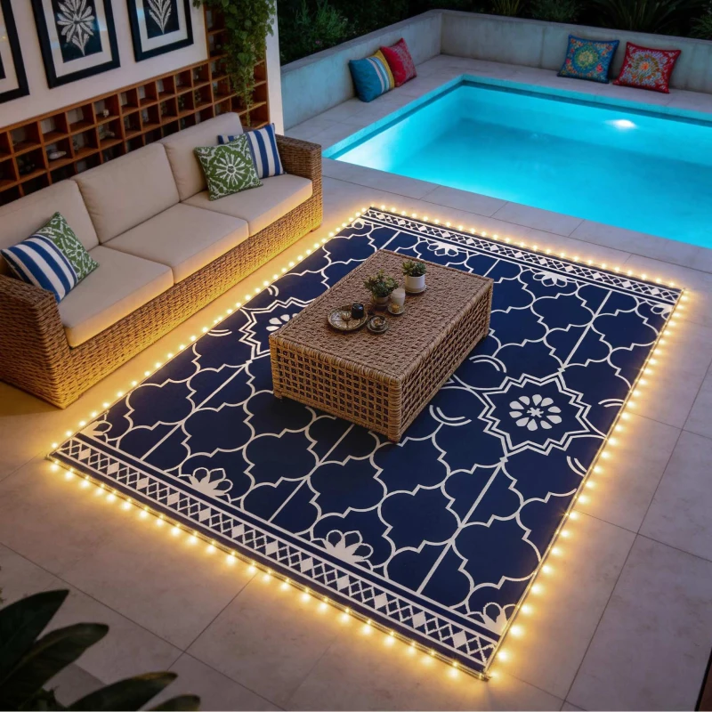 Outsunny Reversible Outdoor Rug Carpet with LED Lights, 10' x 8' PP Straw Rug with Carry Bag and Ground Stakes