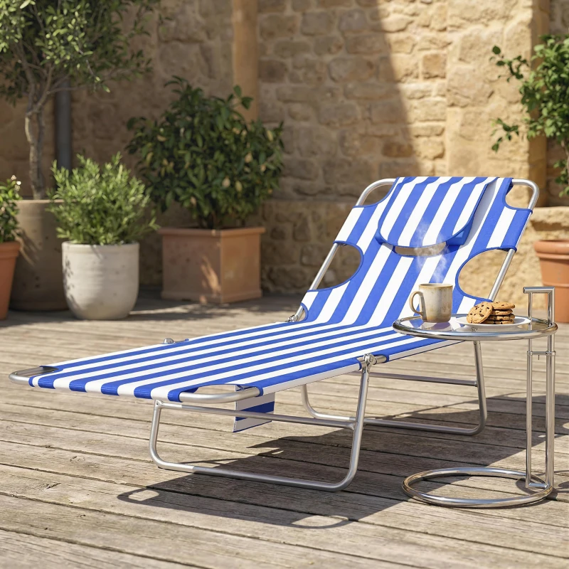 Outsunny Tanning Chair with Face Hole, 5-Level Adjustable Outdoor Chaise Lounge Chair with Pillow for Beach, Pool, Blue Stripes