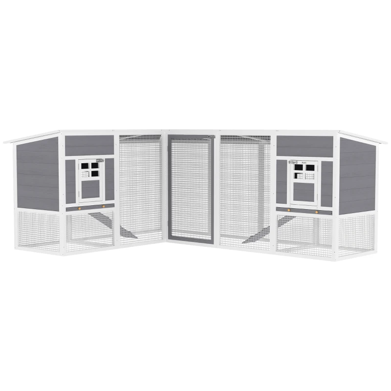PawHut Chicken Coop with Run, L-Shaped Wooden Chicken House with 2 Houses, Outdoor Hen House with Waterproof Roof and Ramps