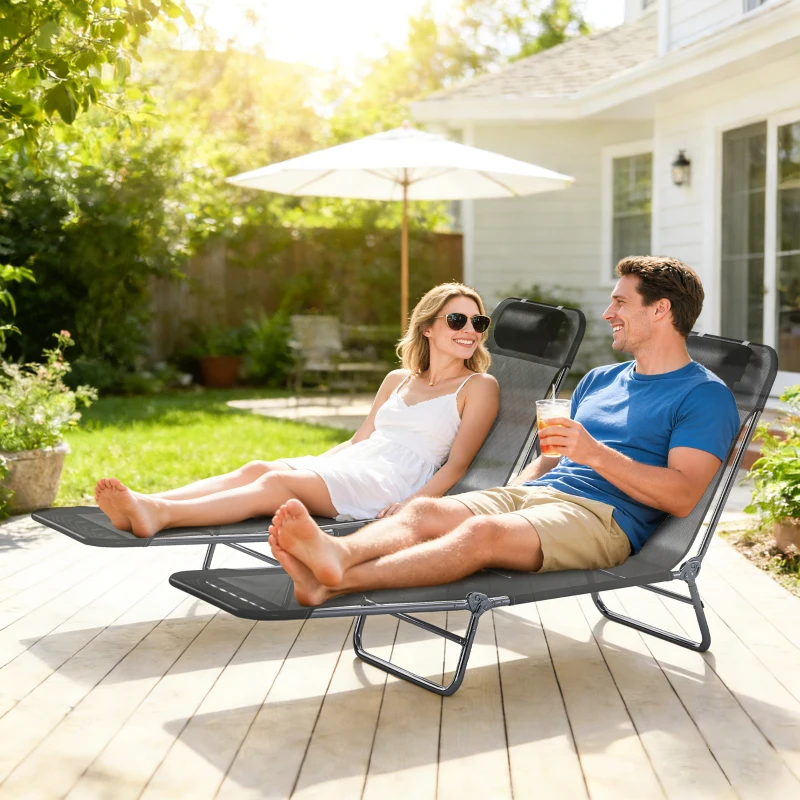 Outsunny 2 Piece Sun Loungers, Folding Chaise Lounge Chairs with Reclining Back, Breathable Mesh Seat, Headrest, Black