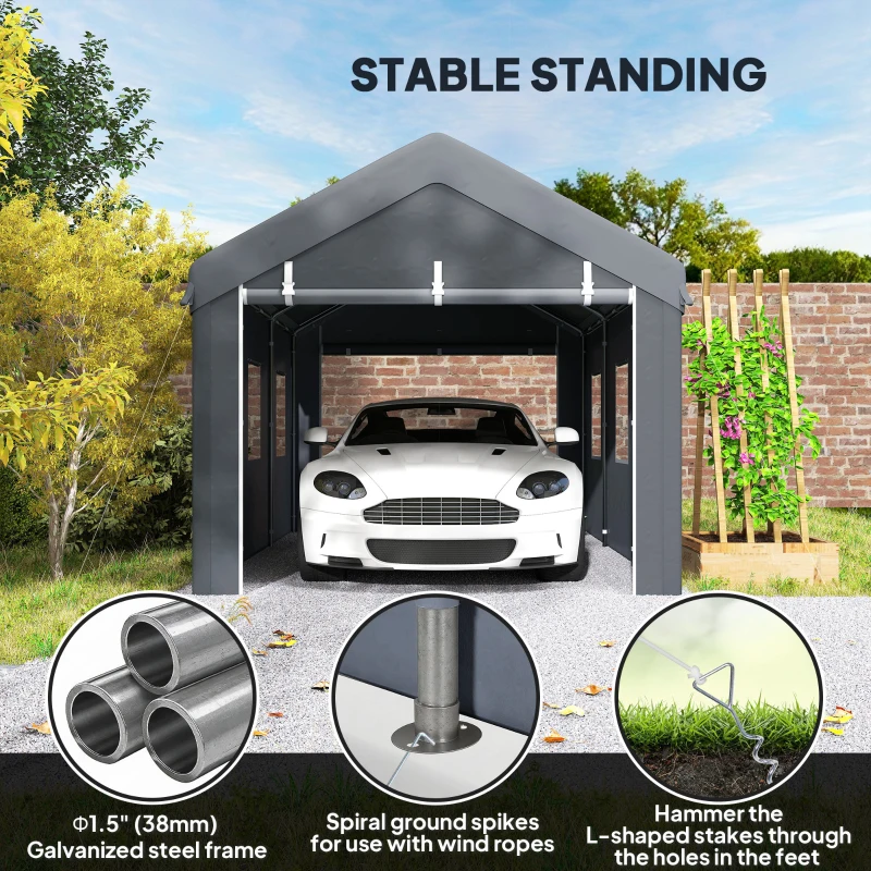 Outsunny 10' x 20' Carport, Heavy Duty Portable Garage with 6 Mesh Windows and 2 Doors, Dark Grey