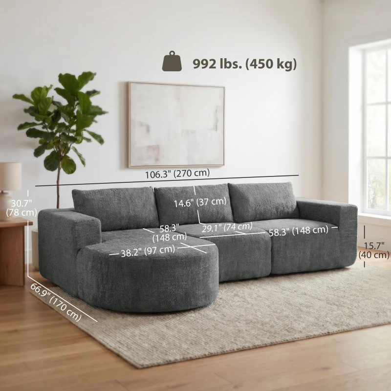 HOMCOM L Shaped Cloud Boneless Couch, Modular Sectional Sofa with Chaise and Deep Seat for Living Room, Bedroom, Dark Grey