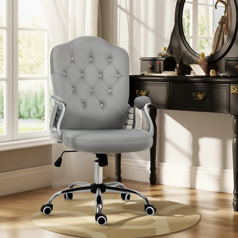 Vinsetto Office Chair, Velvet Computer Desk Chair with Swivel Wheels, Adjustable Height, Tilt Function, Button Tufted, Grey