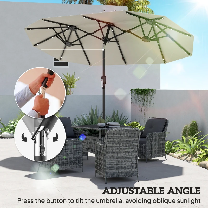 Outsunny 10ft Double-Sided Patio Umbrella with 35 LED Lights, 12 ribs, Extra Large Outdoor Parasol with Twin Canopy, Beige