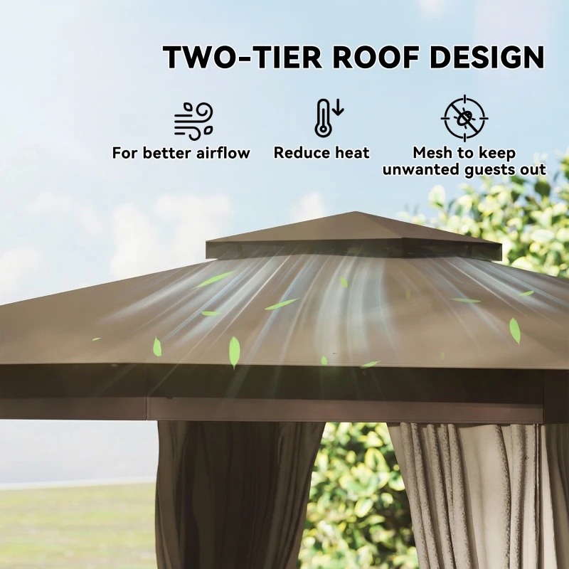 Outsunny 10' x 10' Outdoor Patio Gazebo, Soft Top Gazebo Canopy Shelter with Curtains, Netting, Steel Frame, Hook, Khaki