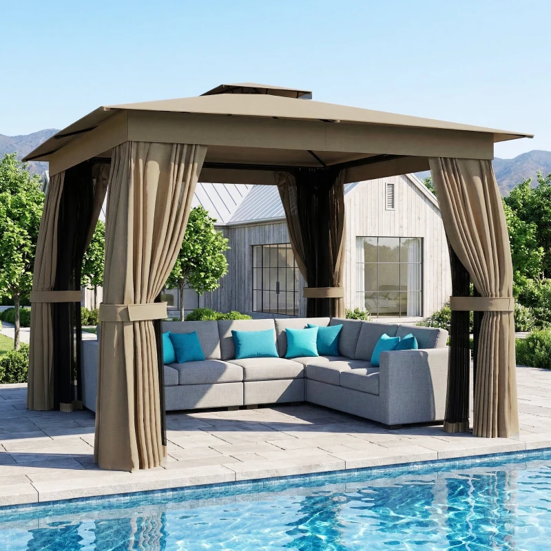 Outsunny 10' x 10' Outdoor Patio Gazebo, Soft Top Gazebo Canopy Shelter with Curtains, Netting, Steel Frame, Hook, Khaki