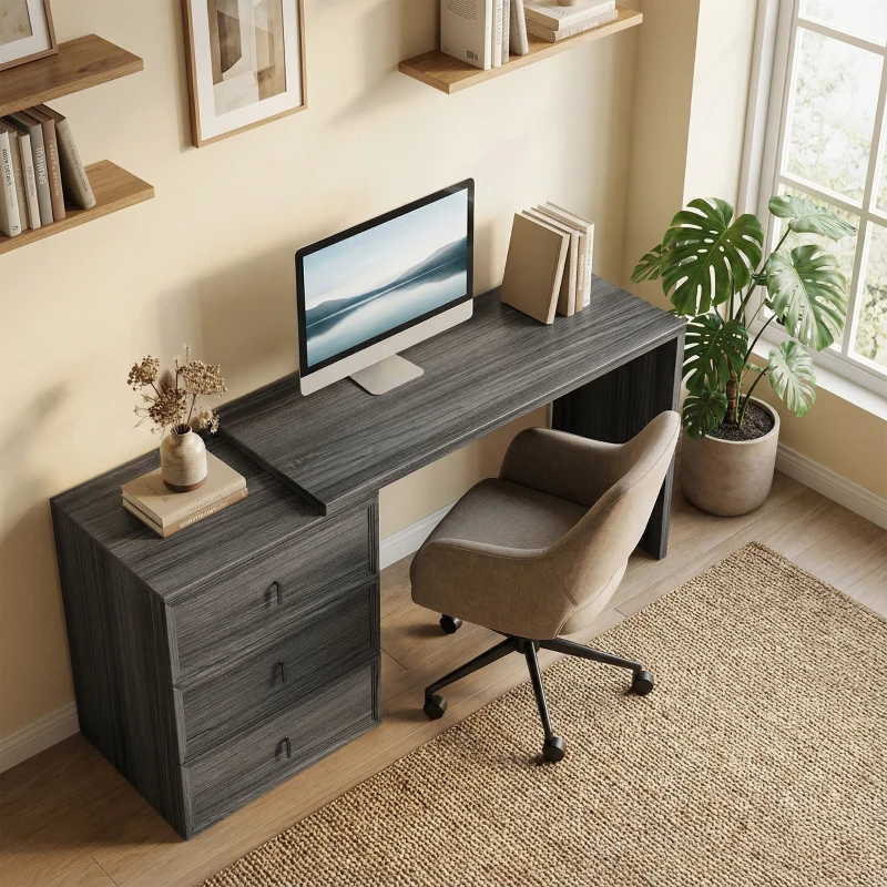 HOMCOM L Shaped Computer Desk Home Office Desk with 3 Drawers Black Wood Grain