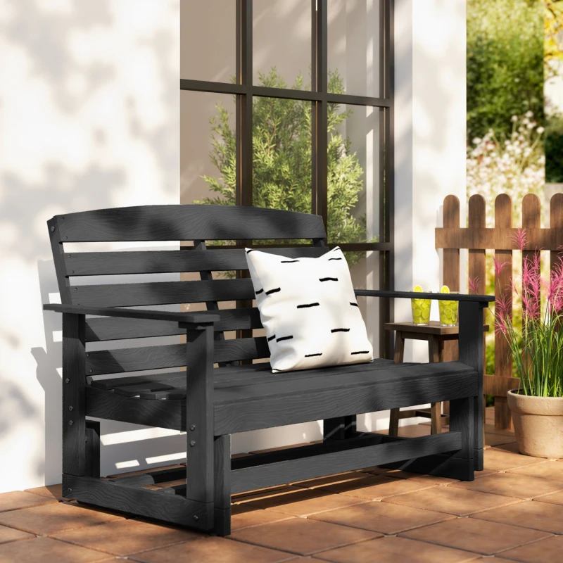 Outsunny Patio Glider Bench w/ HDPE Slatted Double Rocking Chair, Distressed Black