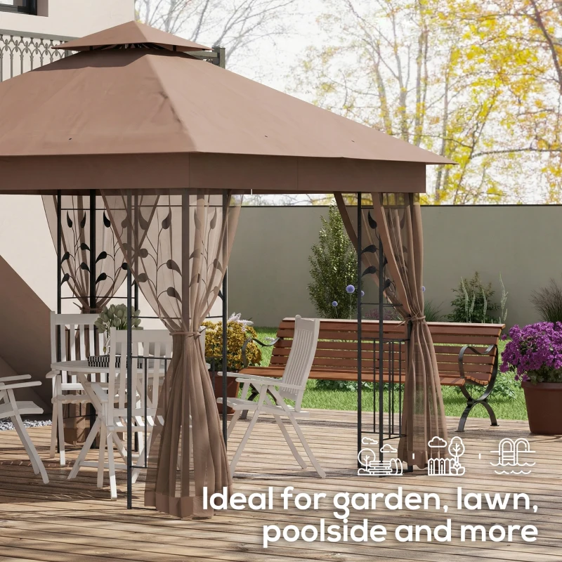 Outsunny 10'x10' Soft-top Steel Patio Gazebo Outdoor Sun Shelter with 2-Tier Polyester Roof, Curtain Sidewalls, Dark Brown