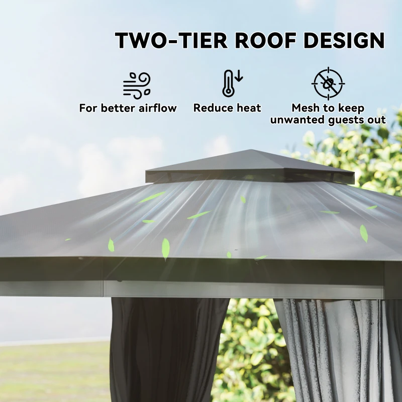Outsunny 10' x 10' Outdoor Patio Gazebo, Soft Top Gazebo Canopy Shelter with Curtains, Netting, Steel Frame, Hook, Dark Gray