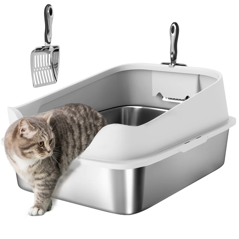 PawHut Cat Litter Box Stainless Steel with Metal Litter Scoop, Never Absorbs Odors, Anti Leakage, 24" x 16" x 12", Grey