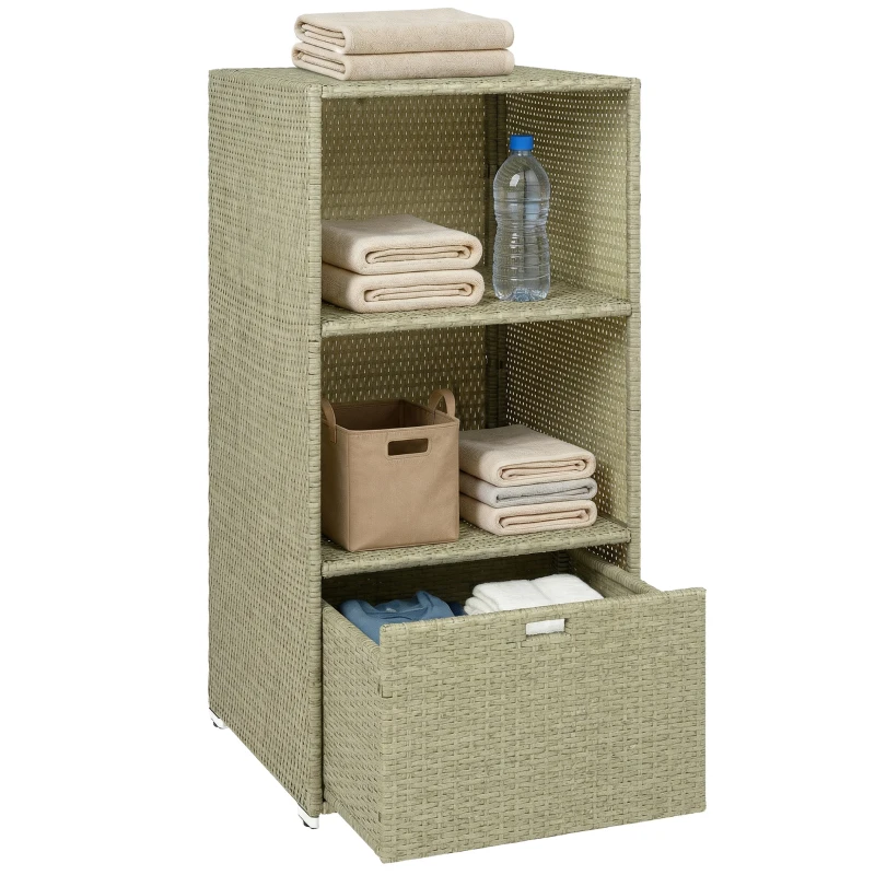 Outsunny Valet Pool Towel Rack, Water-Resistant PE Plastic Rattan Wicker Storage Organizer, 2 Shelves, 1 Basket Drawer