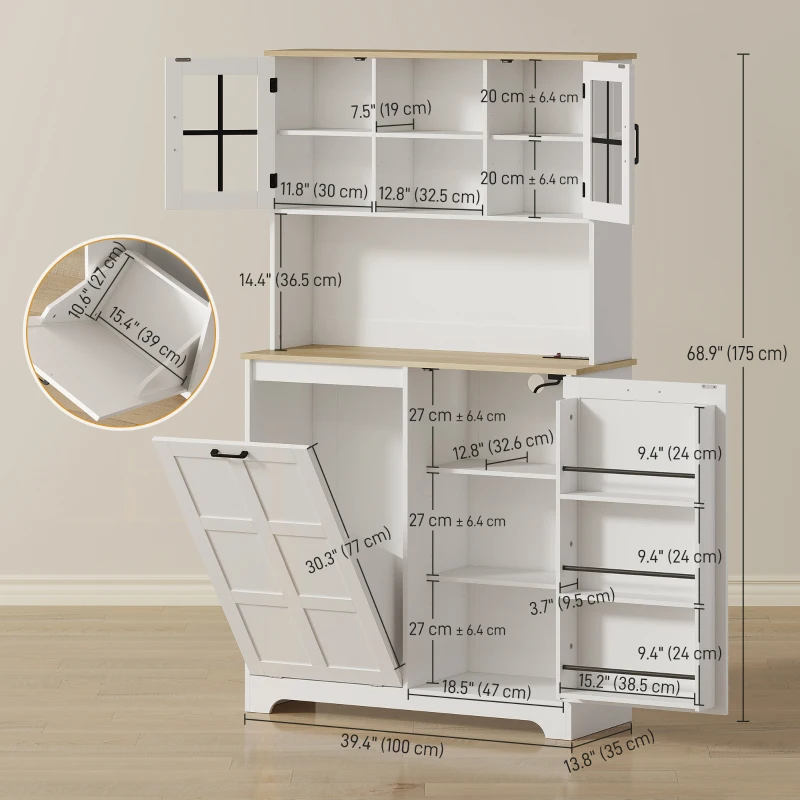 HOMCOM Kitchen Pantry Cabinet with Charging Station, 7 Gallon Trash Can Cabinet, Adjustable Shelves and Acrylic Doors, White