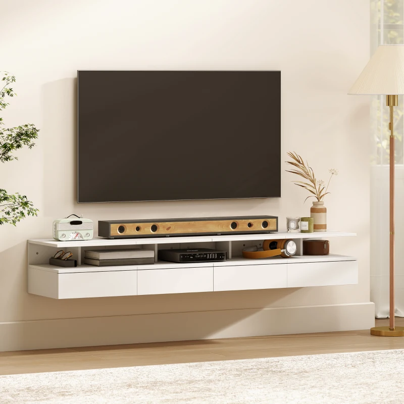 HOMCOM Floating Nightstand Set of 2, Wall Mounted Bedside Table with Drawer and Shelf, Small Night Stand for Bedroom, White