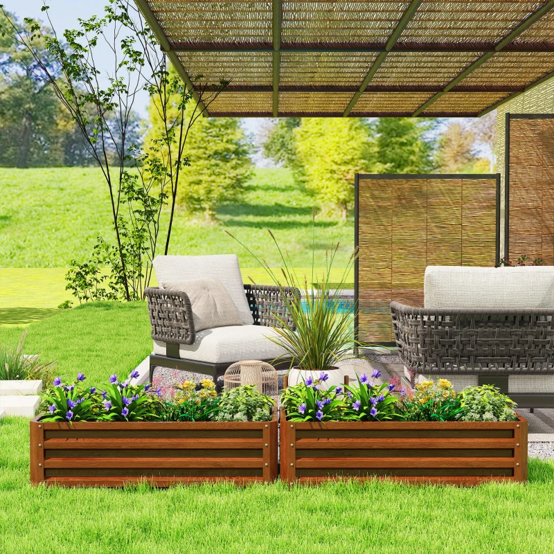 Outsunny Galvanized Raised Garden Beds, Outdoor Planter Box, Set of 2, for Flowers, Herbs and Vegetables, Brown Wood Effect