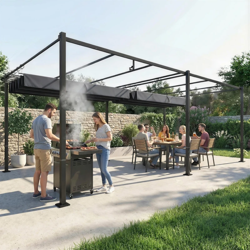 Outsunny 19' x 10' Pergola with Retractable Canopy, Patio Pergola with Sun Shade Shelter, UV50+, for Patio, Garden, Dark Grey