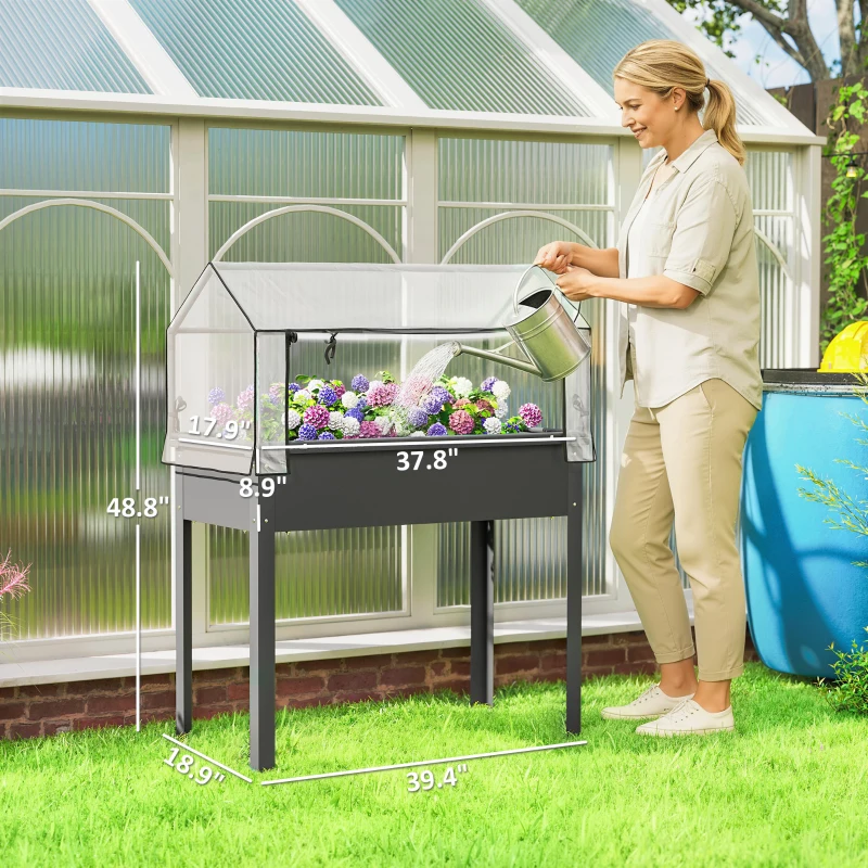 Outsunny Elevated Garden Box with Greenhouse Cover, Raised Garden Bed with Legs and Drainage Hole for Vegetables, Dark Gray