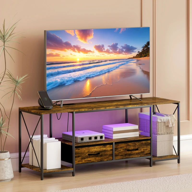 HOMCOM Industrial TV Stand for up to 55 Inch TV, TV Console with Charging Station and RGB LED Lights, Rustic Brown