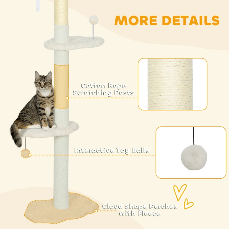 PawHut 88.5"-100.5" Floor to Ceiling Cat Tree, Cat Tower with Scratching Posts, Cloud Shaped Platforms, Dangling Balls, Cream