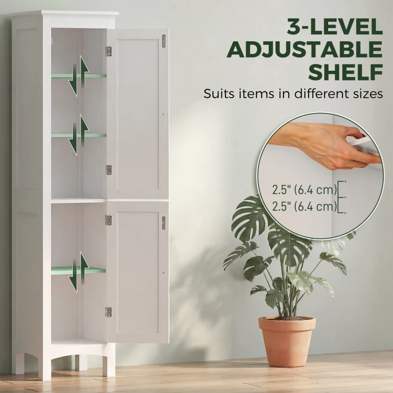 kleankin Tall Bathroom Cabinet, Freestanding Storage Organizer with Adjustable Shelves and Cupboards, 15" x 13" x 63", White