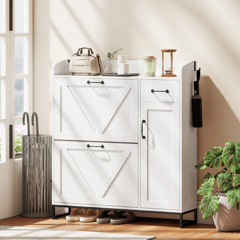 HOMCOM Farmhouse Shoe Storage Cabinet with Side Cabinet and Adjustable Shelves for Entryway, Hallway, Holds 12 Pairs, White