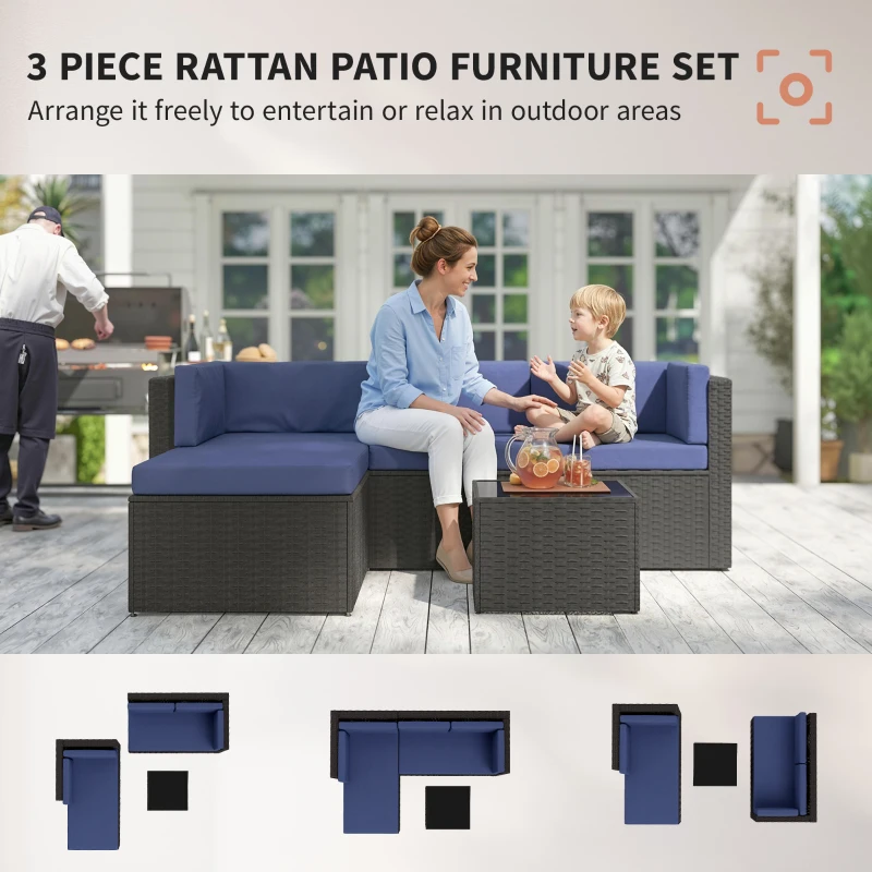 Outsunny 3 Piece Patio Furniture Set, Wicker Outdoor Patio Conversation Furniture Set with Cushions, Glass Top Table, Navy Blue