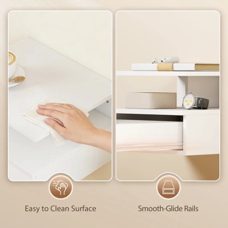 HOMCOM Floating Nightstand Set of 2, Wall Mounted Bedside Table with Drawer and Shelf, Small Night Stand for Bedroom, White