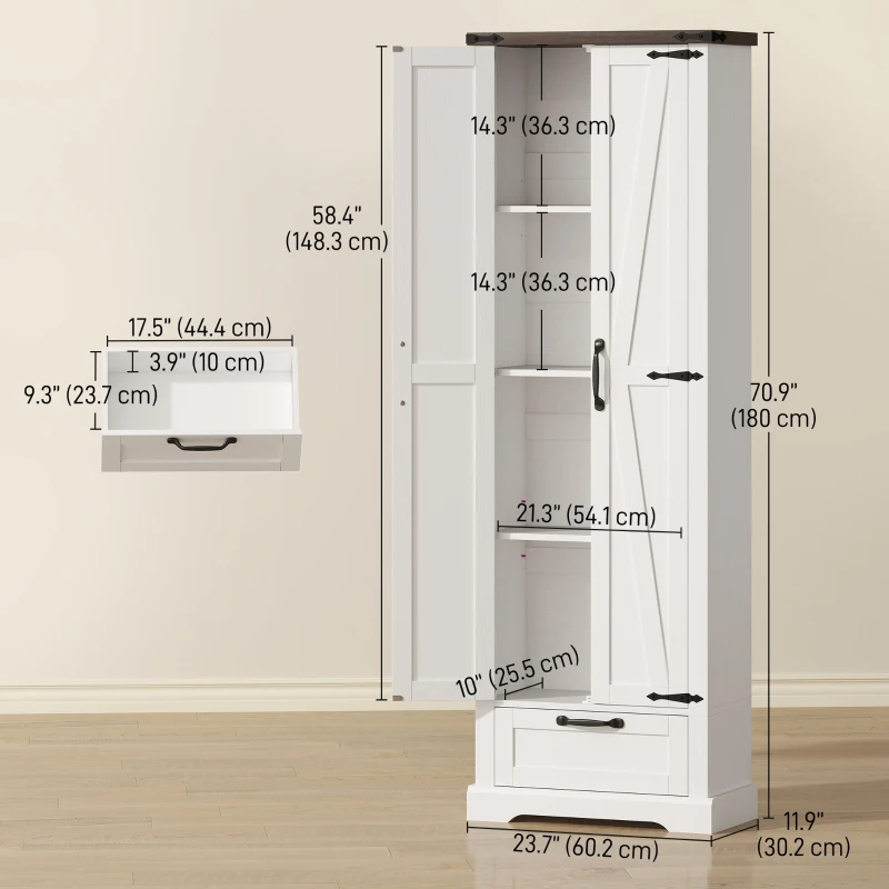 HOMCOM 71" Pantry Cabinet, Kitchen Storage Cabinet with Adjustable Shelves, 2 Doors and Drawer for Dining Room, White