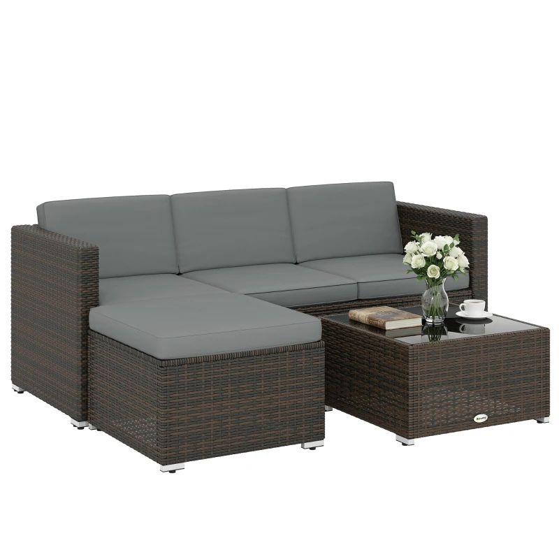 Outsunny 3 Pieces Patio Furniture Set with Cushions, Outdoor PE Rattan Wicker Conversation Corner Sofa Set with Glass Top Table
