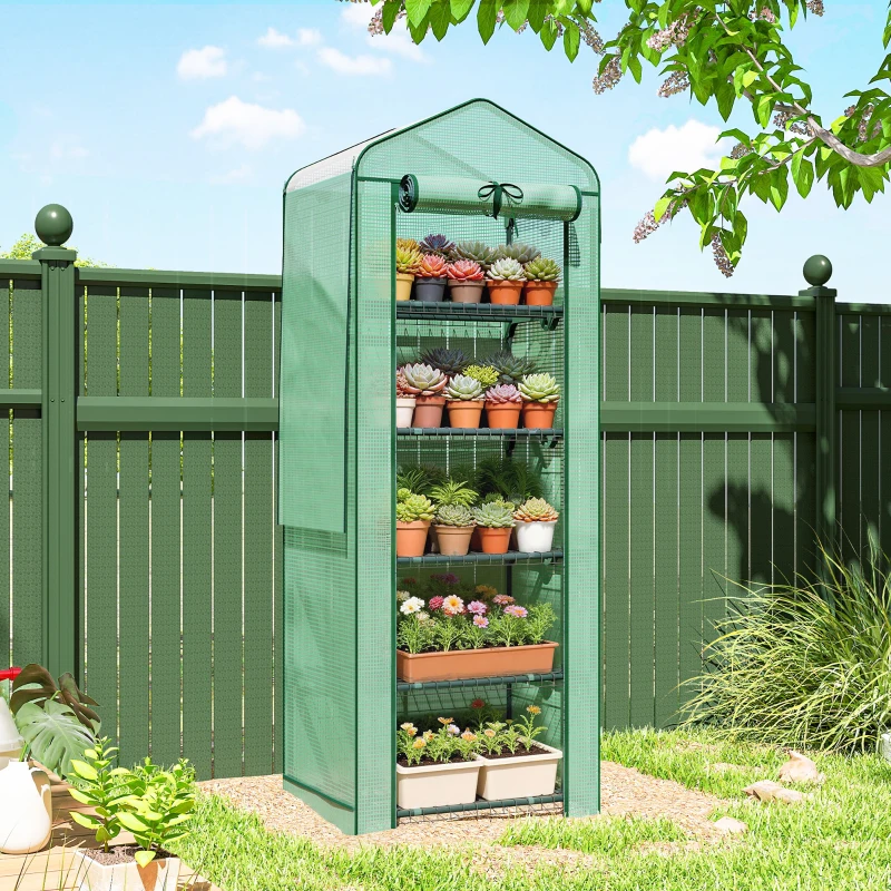 Outsunny Mini Greenhouse with Screen Roof, 5 Tier Portable Small Greenhouse with High Strength PE Cover, Green