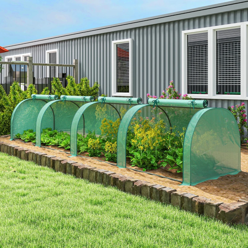 Outsunny Mini Greenhouse, Portable Greenhouse with 4 Roll-Up Doors, PE Cover, 177.2" x 39.4" x 31.5", Green