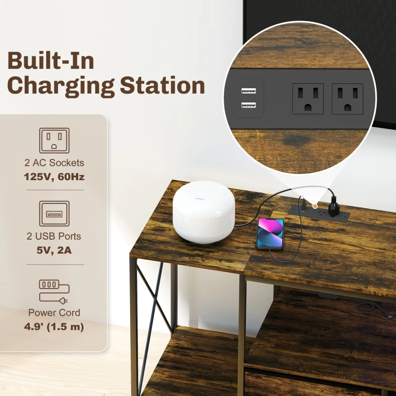 HOMCOM Industrial TV Stand for up to 55 Inch TV, TV Console with Charging Station and RGB LED Lights, Rustic Brown