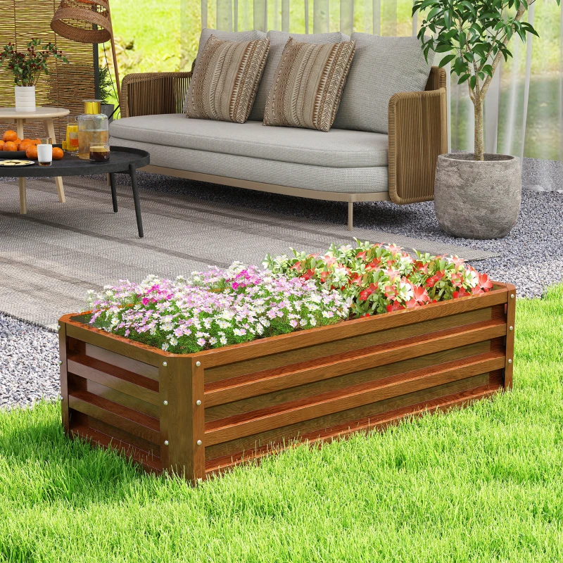 Outsunny Galvanized Raised Garden Beds, Outdoor Planter Box, Set of 2, for Flowers, Herbs and Vegetables, Brown Wood Effect