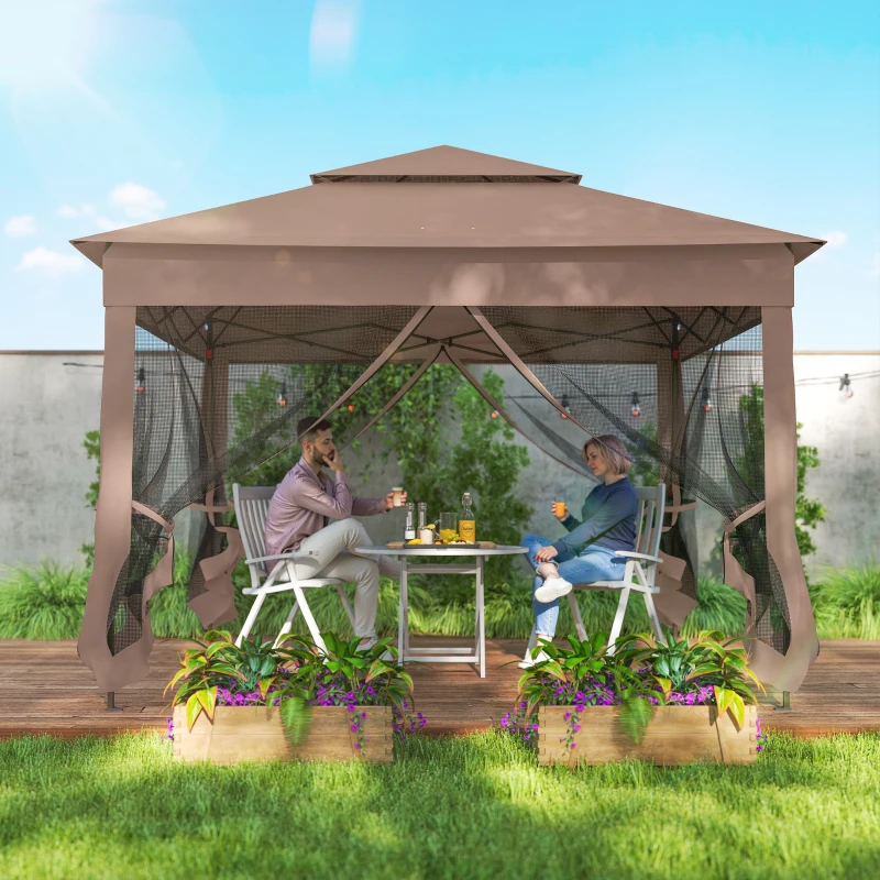 Outsunny Outdoor Patio Pop Up Canopy Gazebo Shelter with Zipper Netting, Carry Bag, 11' x 11', Brown