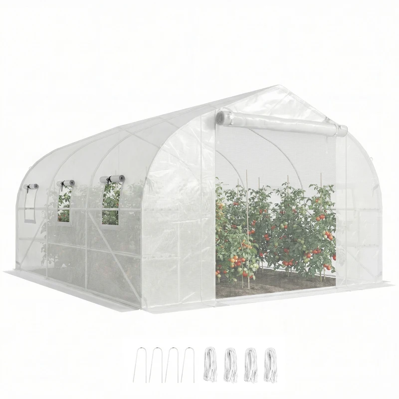 Outsunny 10'x11'x6' Walk-in Tunnel Greenhouse with Shelves, Mesh Door and Windows, Plant Hot House with PE Cover, White