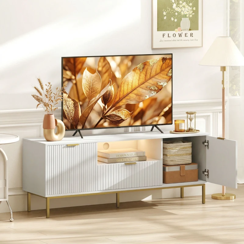 HOMCOM Modern TV Console for TVs up to 60 Inch, Entertainment Center with Smart RGB LED Lights and Soft Close Doors, White