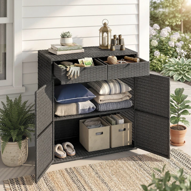 Outsunny Wicker Outdoor Storage Cabinet with 2 Doors and Drawers, 2-Tier Shelf Rattan Patio Storage Cabinet, Dark Grey