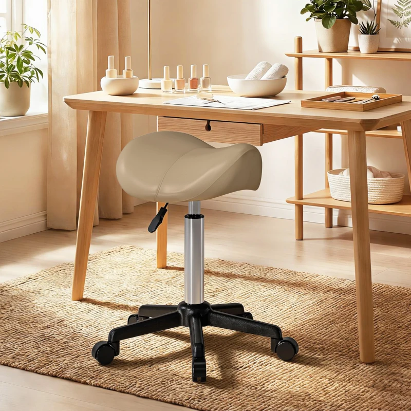 HOMCOM Rolling Salon Stool, PU Leather Swivel Saddle Chair, Adjustable Height Stool with Wheels for Spa, Salon, Office, Brown