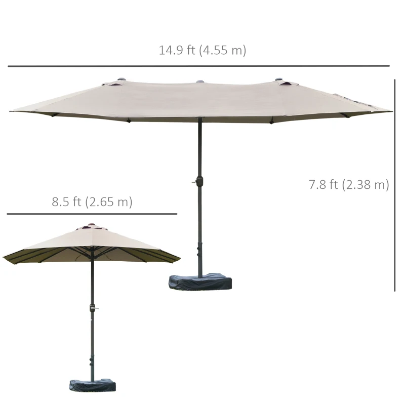 Outsunny 15' Outdoor Patio Umbrella with Twin Canopy Sunshade Steel Table Umbrella w/ Lift Crank, Cross base, Sandbag, Light Grey