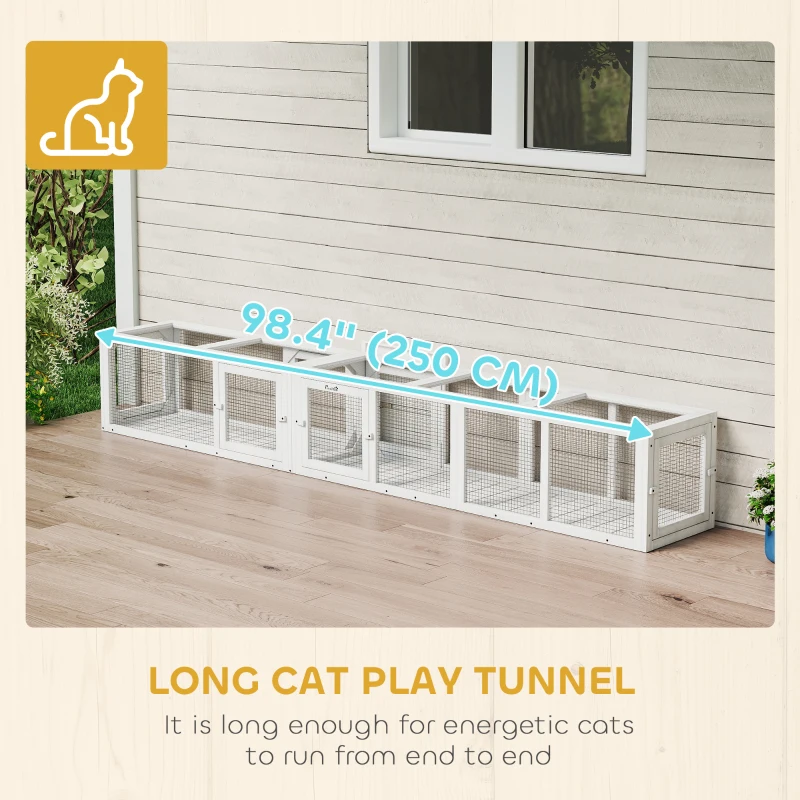 PawHut Cat Tunnel, Outdoor Cat Enclosure with Combinable Design, 8 Doors, 98" Kitty Toys for House, Window, Cage, White