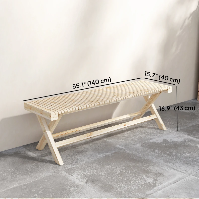 Outsunny 55.1" Garden Bench 2-Seater Outdoor Bench with Slatted Seat for Patio Porch, Natural Wood Finish