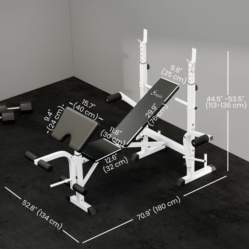 Soozier Bench Press Set Adjustable Weight Bench with Squat Rack, Preacher Curl Pad, Leg Developer and Weight Storage, White